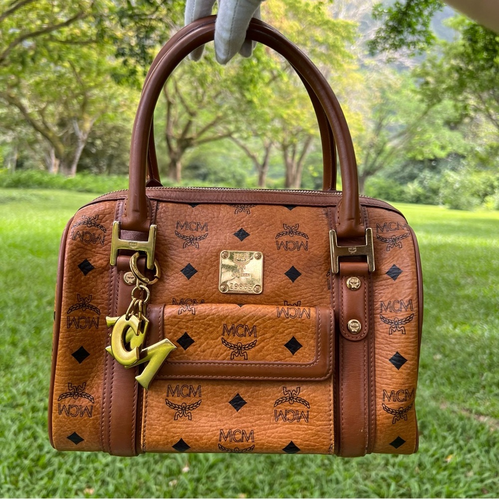 MCM Visetos Satchel Cognac with Bag Charm